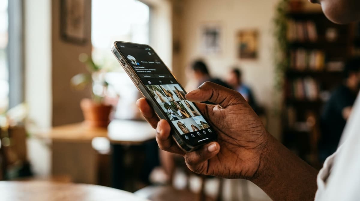 Mão de uma empreendedora segurando um celular com a tela de impulsionar publicação do Instagram aberta