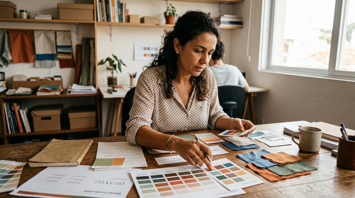 Dono de pequena empresa brasileira organizando elementos visuais de marca, cores e materiais sobre uma mesa de trabalho