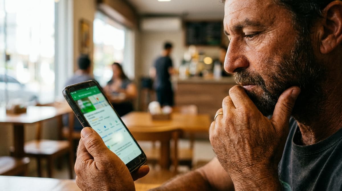 Cliente brasileiro usando o celular para consultar avaliações e o perfil de uma pequena empresa no Google