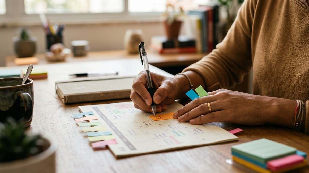 Mãos de uma profissional brasileira preenchendo um calendário mensal de conteúdo com post-its coloridos sobre uma mesa de escritório