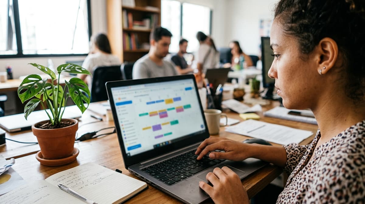 Profissional de marketing agendando posts de Facebook e Instagram na tela de um notebook usando um painel de calendário