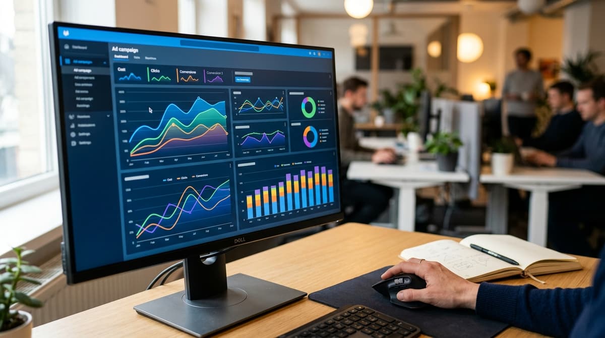Tela de computador com painel de campanha de anúncios mostrando métricas de custo e conversão