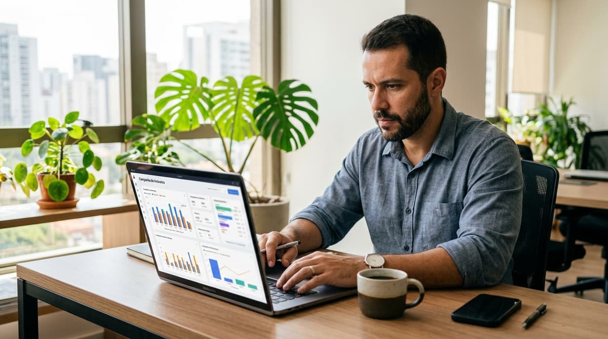 Empreendedor brasileiro analisando gráficos de campanha de anúncios no notebook em um escritório