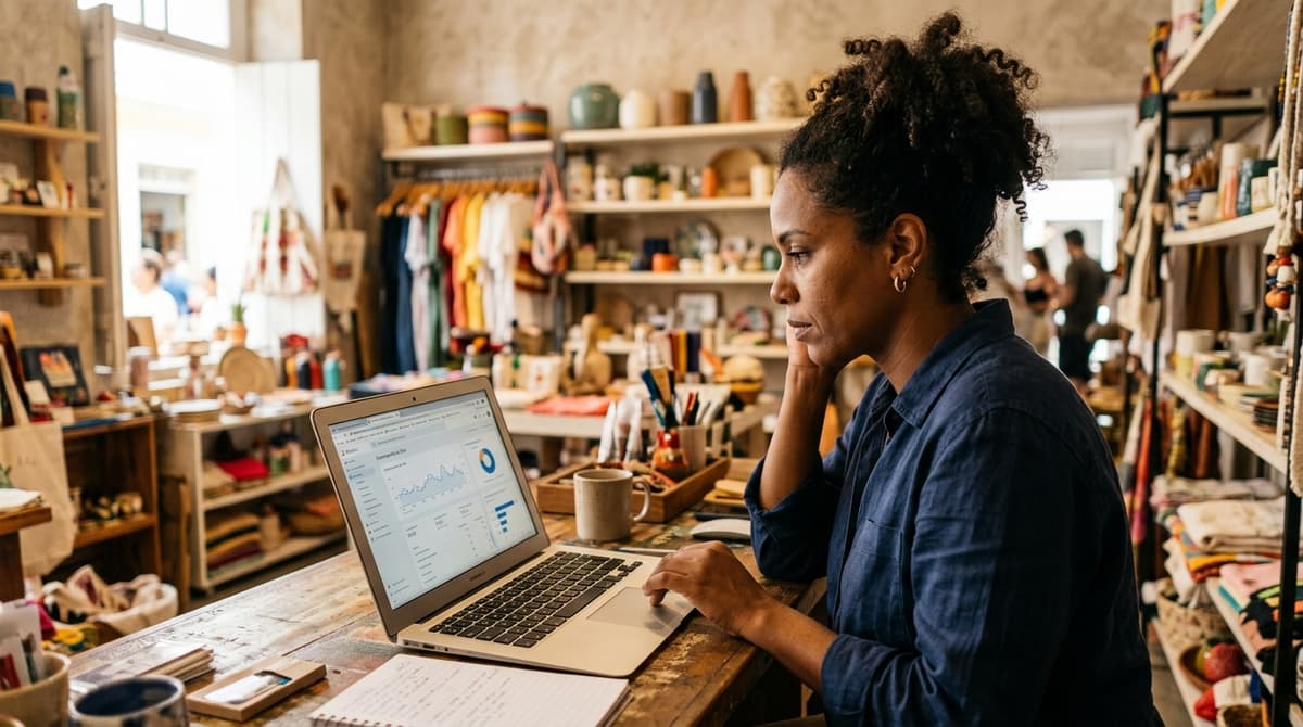 Empreendedora brasileira analisando o desempenho do site em um notebook na loja