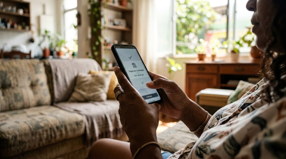 Cliente brasileiro finalizando uma compra pelo celular com a tela de pagamento aberta