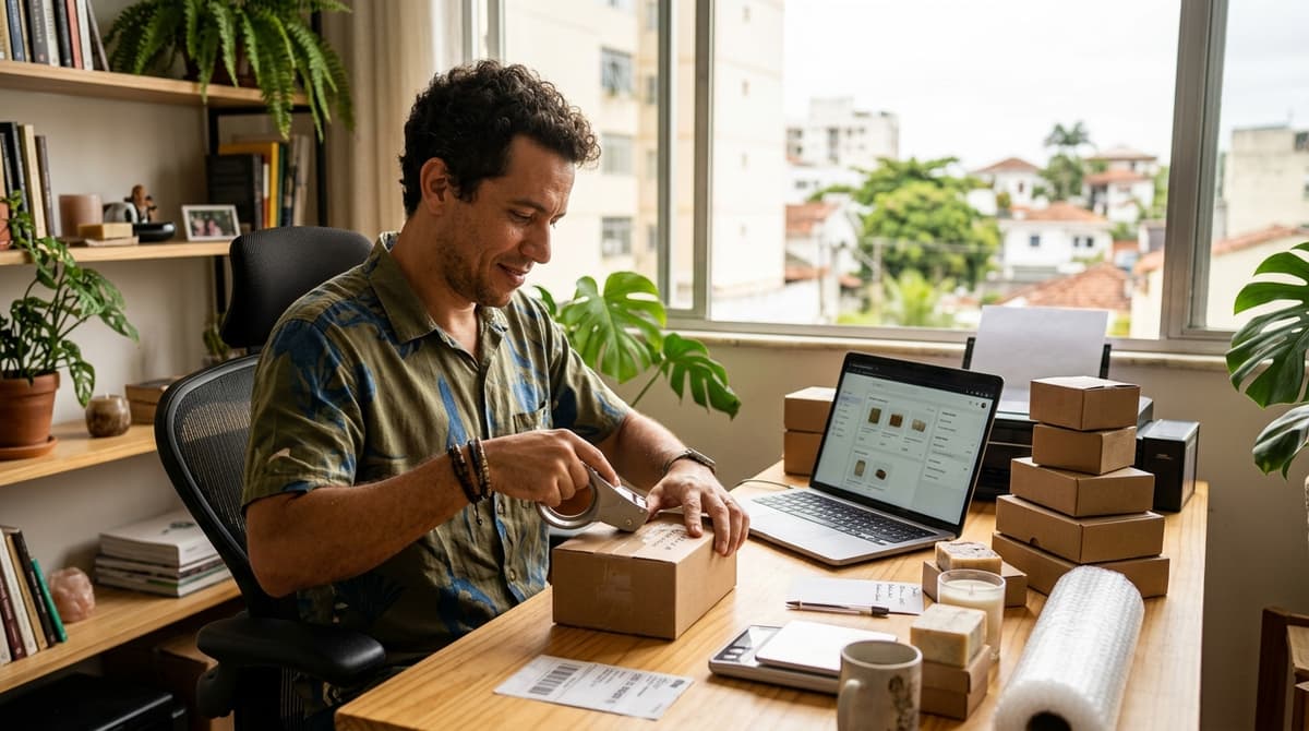 Dono de pequena empresa brasileira preparando produtos para venda online em seu escritório