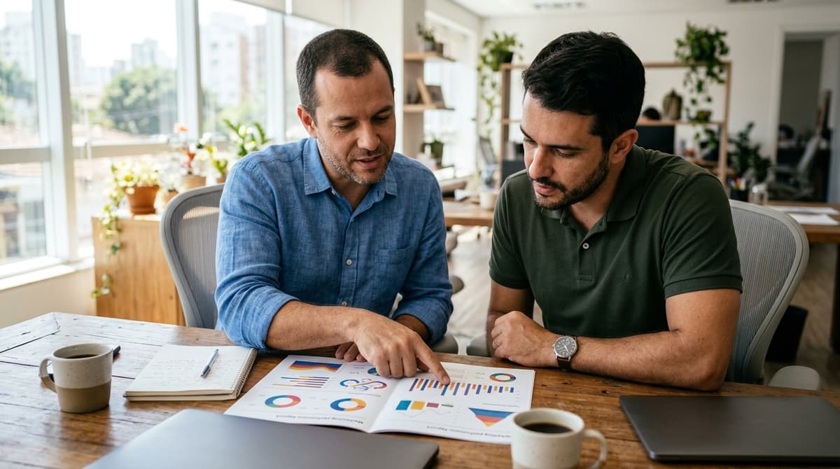 Reunião entre consultor e dono de empresa analisando relatório de campanhas em uma mesa
