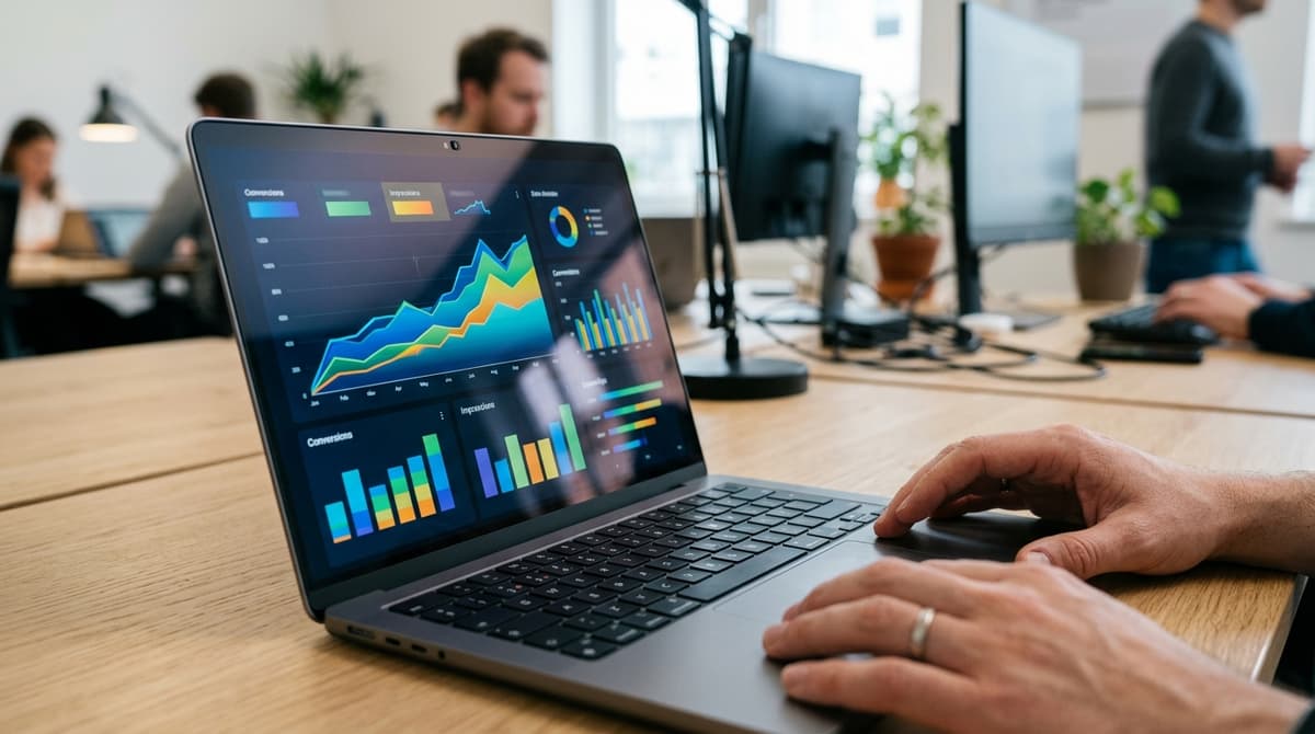 Tela de notebook mostrando gráficos de desempenho de campanhas de anúncios
