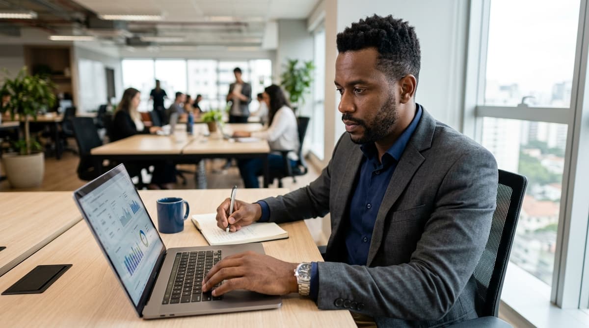 Consultor analisando o painel do Google Ads no notebook em um escritório claro