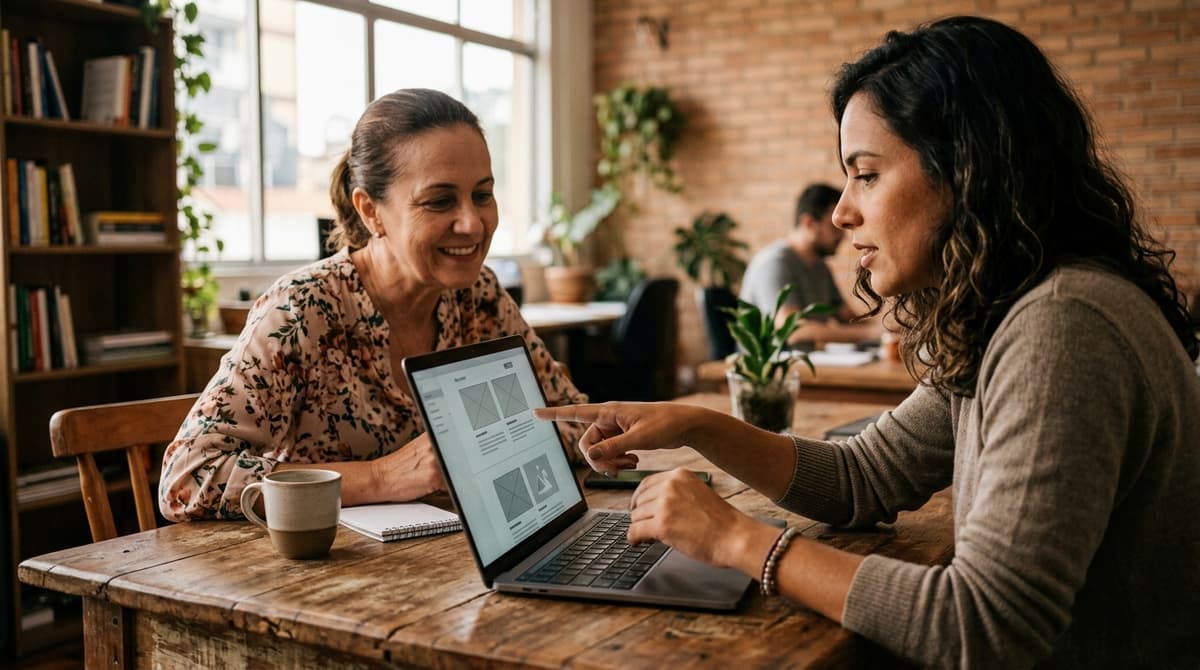 Designer brasileiro mostrando wireframes e telas de um site em um notebook para um cliente dono de PME