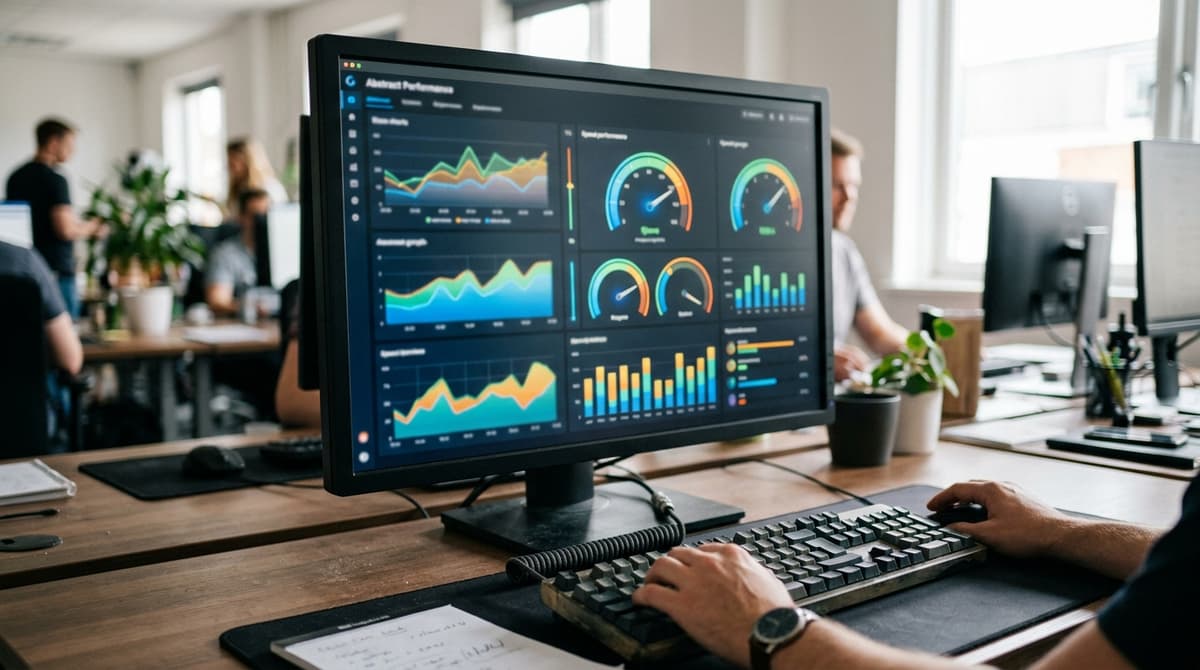 Tela de computador exibindo um relatório de velocidade e métricas de desempenho de um site