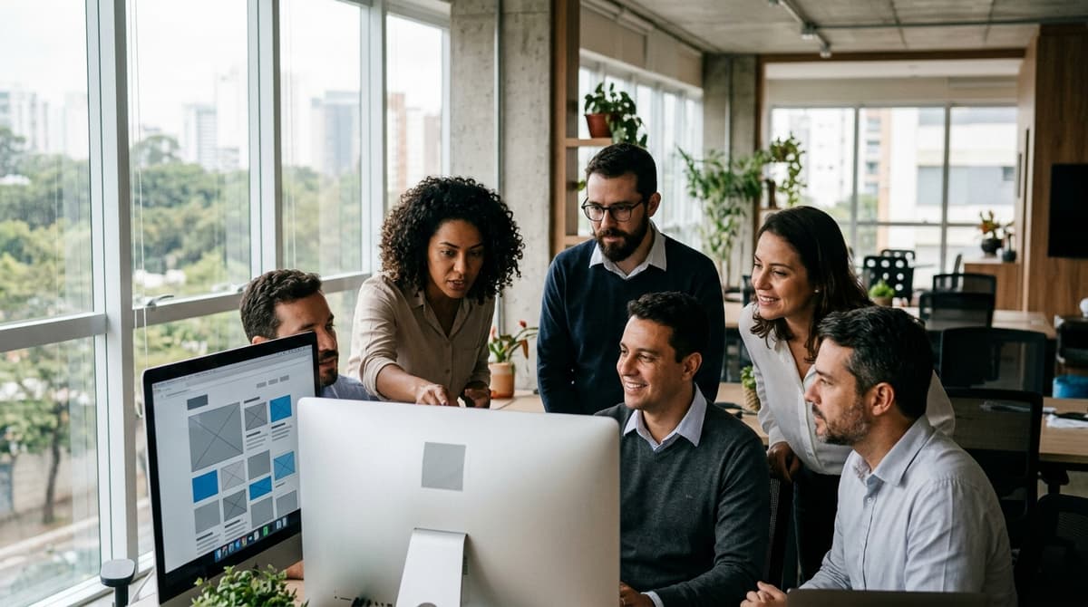 Equipe de uma agência brasileira reunida em frente a um monitor planejando o layout de um novo site