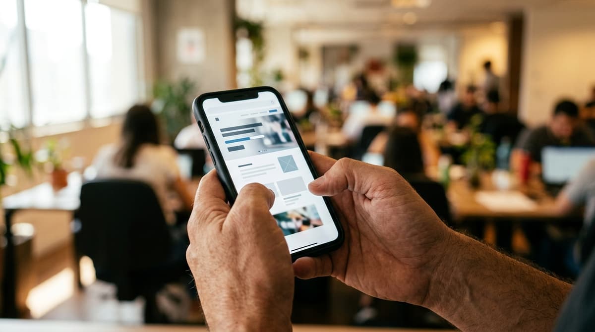 Pessoa segurando um smartphone com uma página de empresa carregando rapidamente, em um ambiente de escritório brasileiro