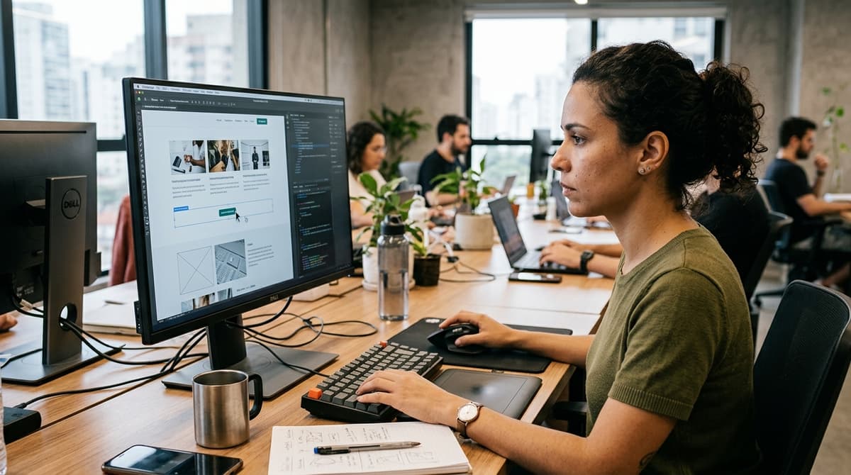 Designer ajustando imagens e botões de chamada para ação na tela de um site em um monitor, em escritório de agência