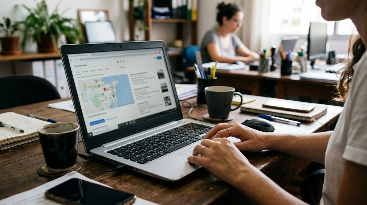 Tela de busca do Google em um notebook mostrando o card de uma empresa local com mapa, telefone e horário