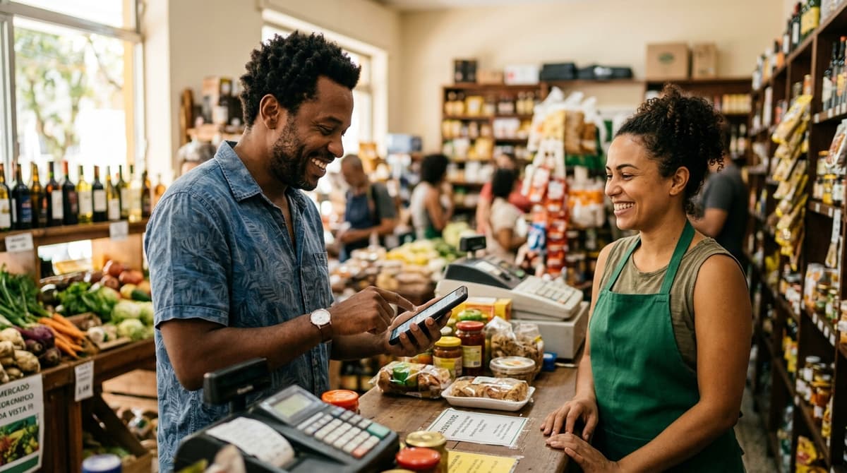 Cliente avaliando uma pequena empresa pelo celular enquanto o atendente acompanha sorrindo