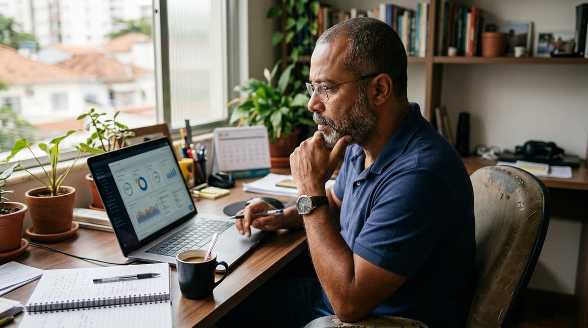 Dono de pequena empresa analisando métricas de conversão em um notebook no escritório