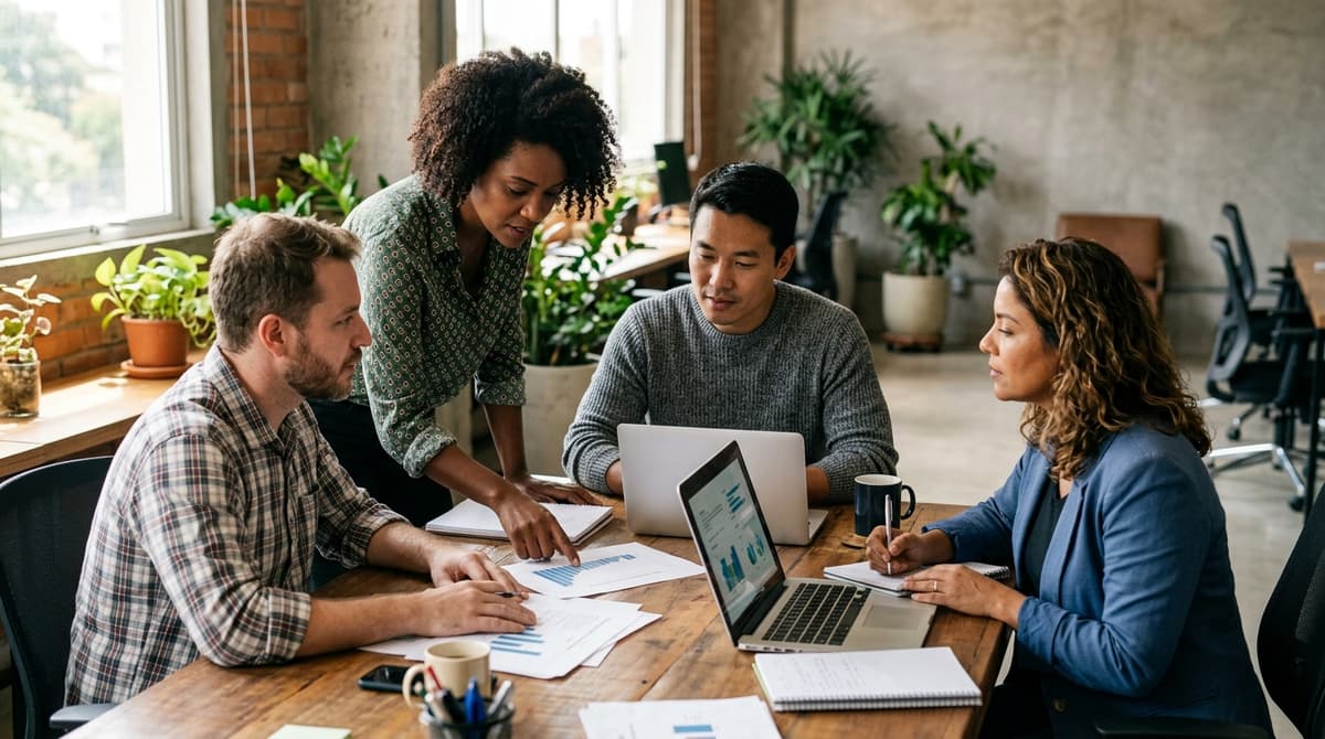 Equipe de marketing de uma PME brasileira analisando o funil de vendas em uma reunião