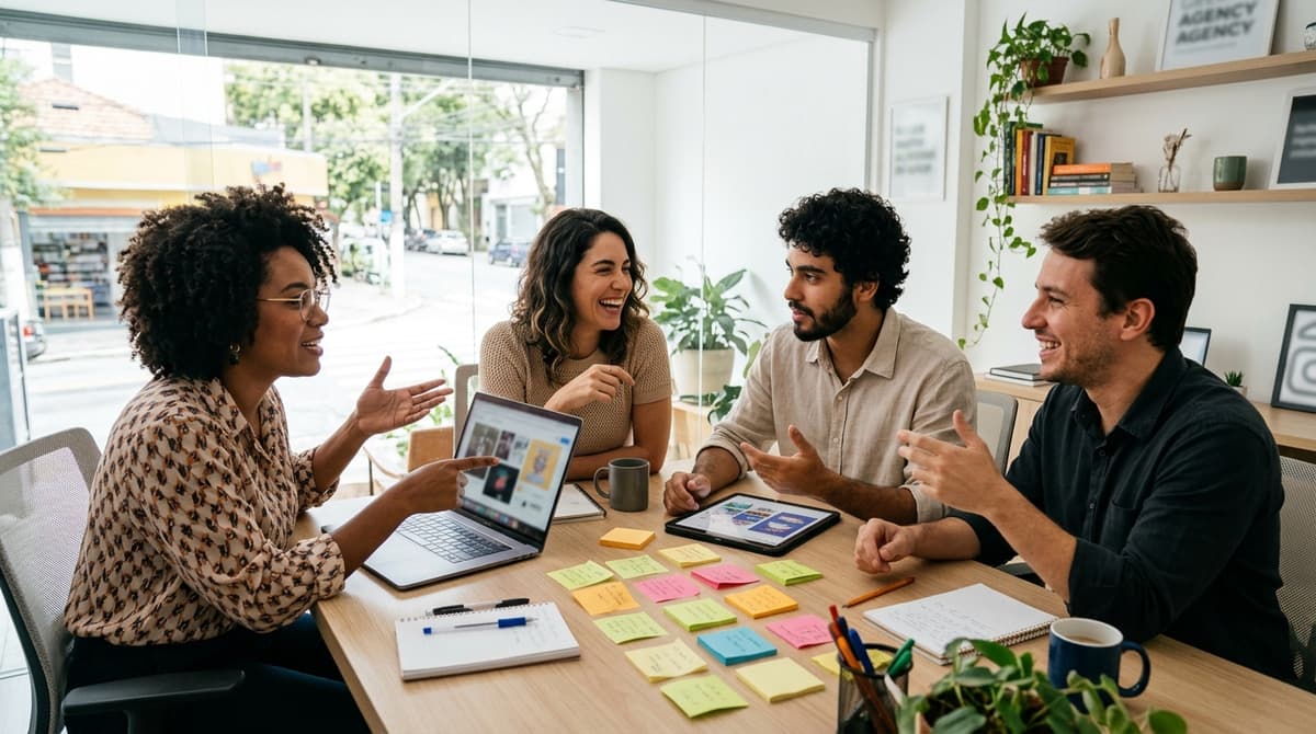 Equipe de agência de marketing reunida discutindo planejamento de conteúdo para redes sociais