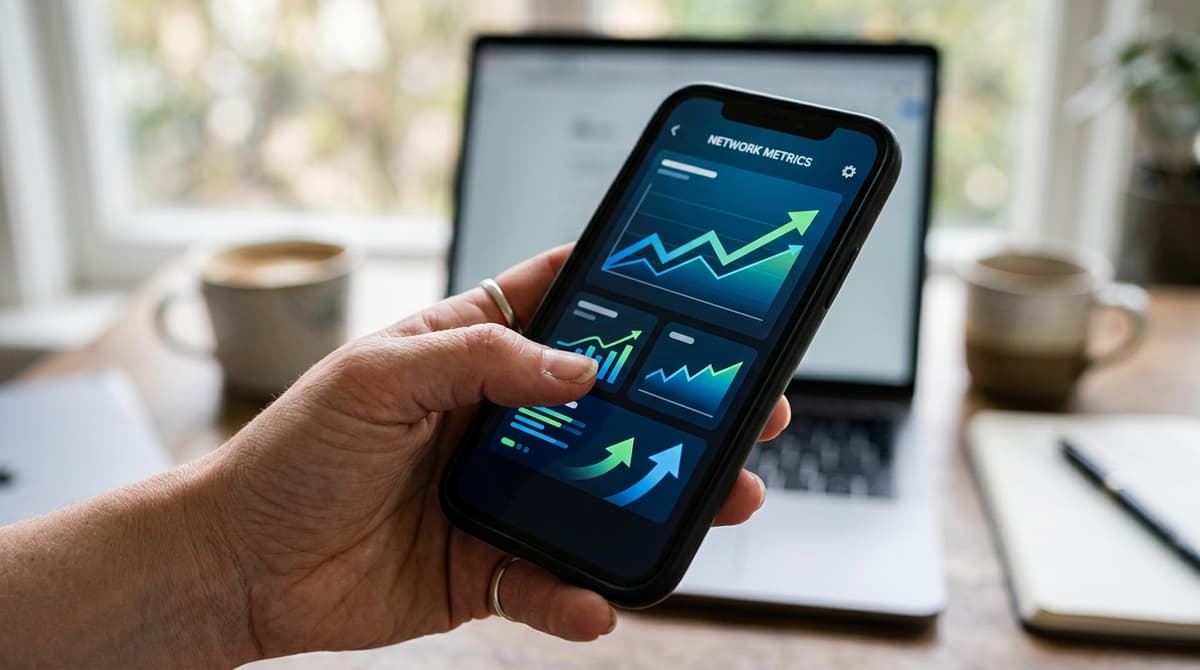 Tela de smartphone mostrando métricas de crescimento de uma conta de Instagram empresarial