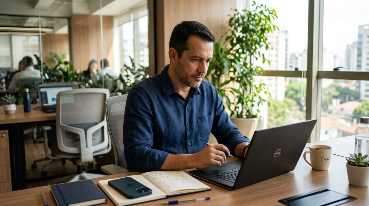 Empresário analisando proposta de gestão de redes sociais no notebook em um escritório