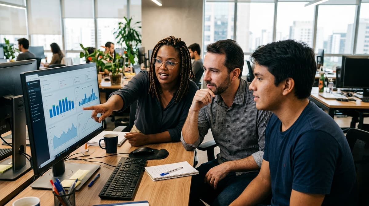 Equipe de pequena empresa brasileira reunida diante de um monitor analisando painel de desempenho de campanhas de e-commerce