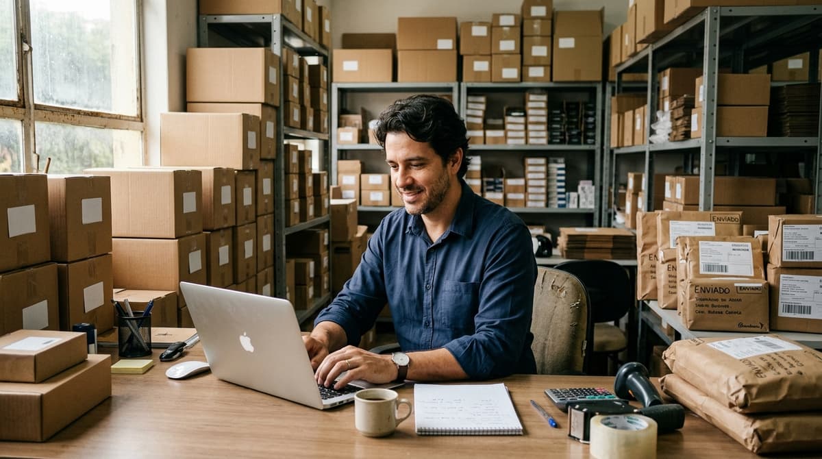 Dono de loja virtual brasileira analisando campanhas de Google Ads no notebook em meio a caixas de produtos prontos para envio
