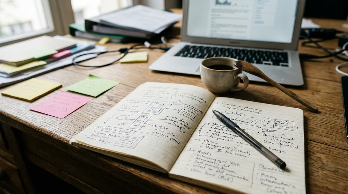Anotações de planejamento de campanha sobre uma mesa de escritório com notebook aberto no Google Ads