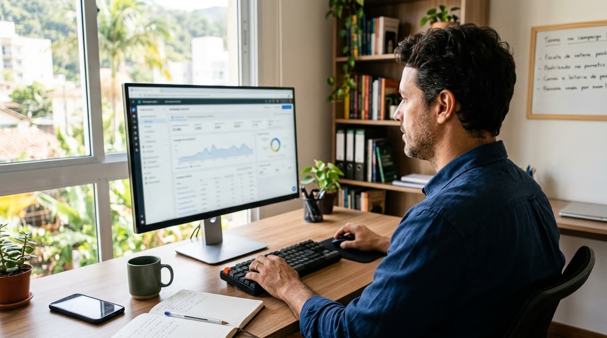 Tela de seleção de tipo de campanha do Google Ads exibida em um monitor durante a configuração inicial