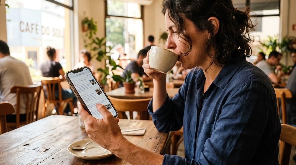 Mao segurando smartphone com resultados de busca do Google enquanto uma pessoa toma cafe
