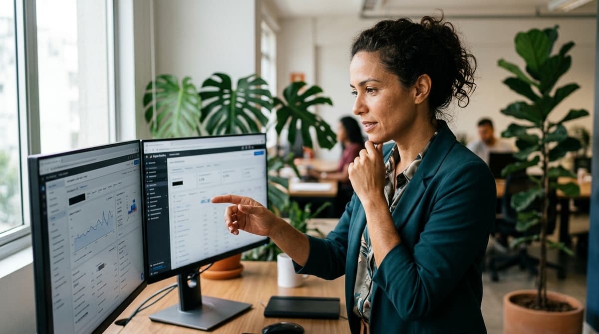 Empreendedora brasileira comparando o painel do Google Ads e do Meta Ads em duas telas no escritorio