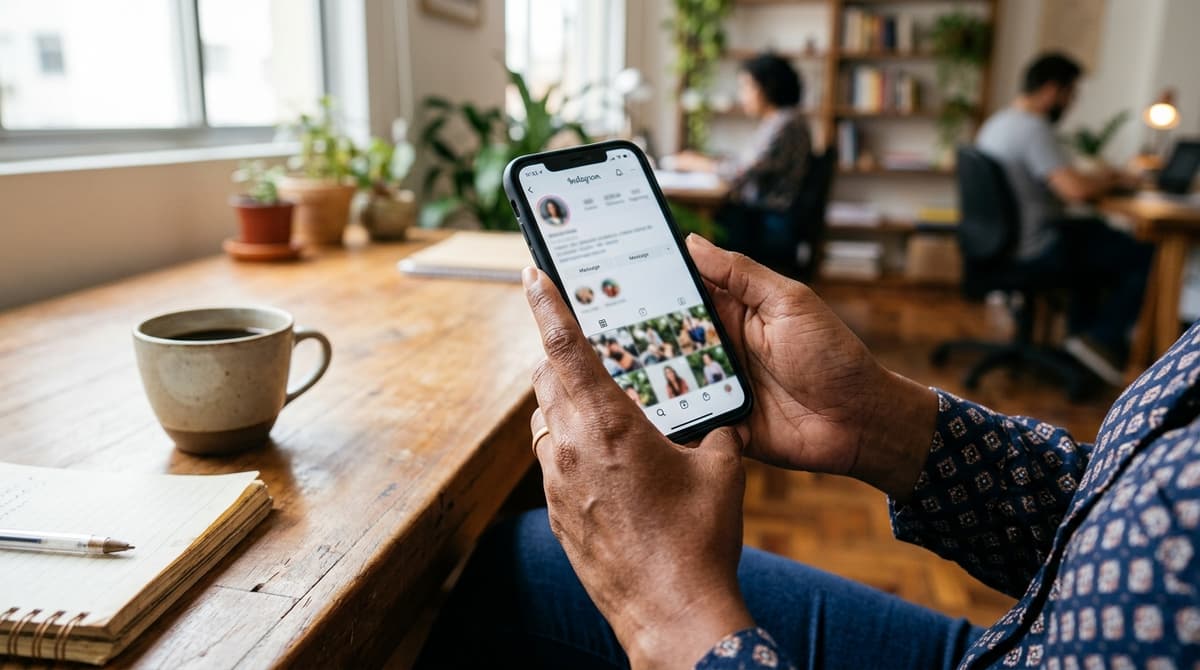 Tela de celular mostrando o perfil profissional de uma empresa no Instagram com o link da bio levando ao site