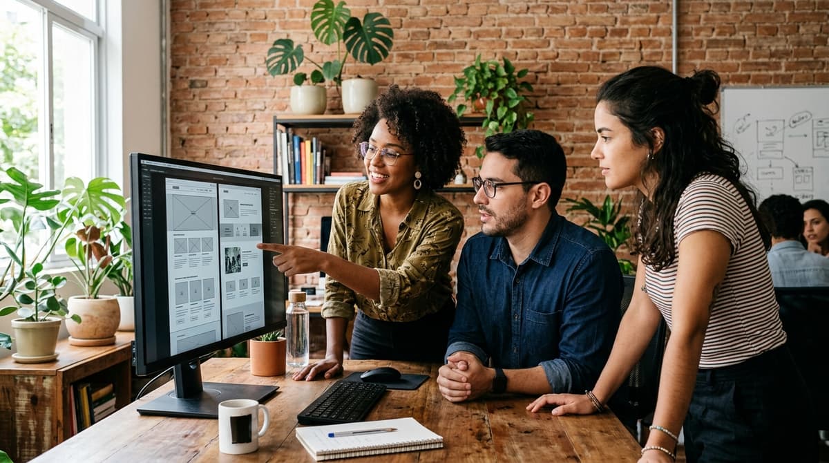 Equipe de agência brasileira reunida em frente a um monitor revisando o layout responsivo de um novo site de empresa