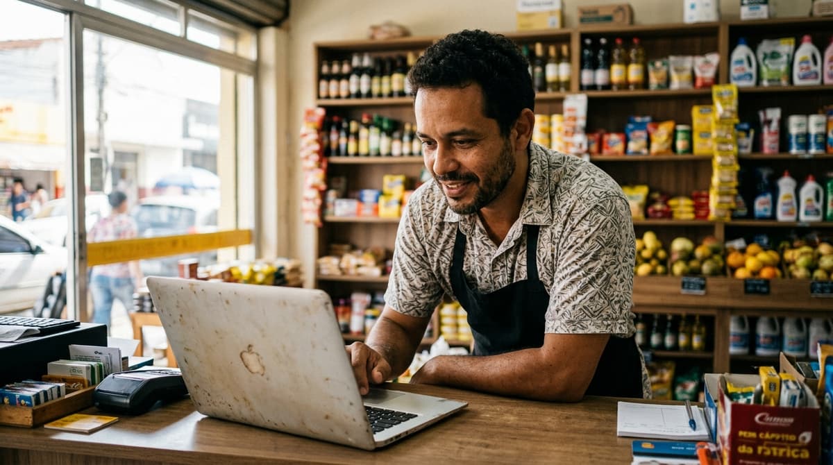 Dono de pequena empresa brasileira analisando o novo site da sua loja em um notebook sobre o balcão