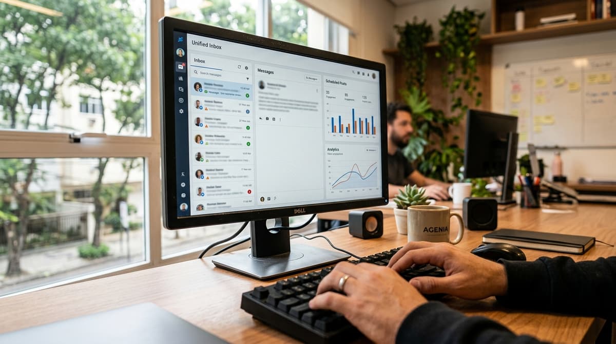 Painel do Meta Business Suite em uma tela de computador mostrando caixa de entrada e gráficos de desempenho