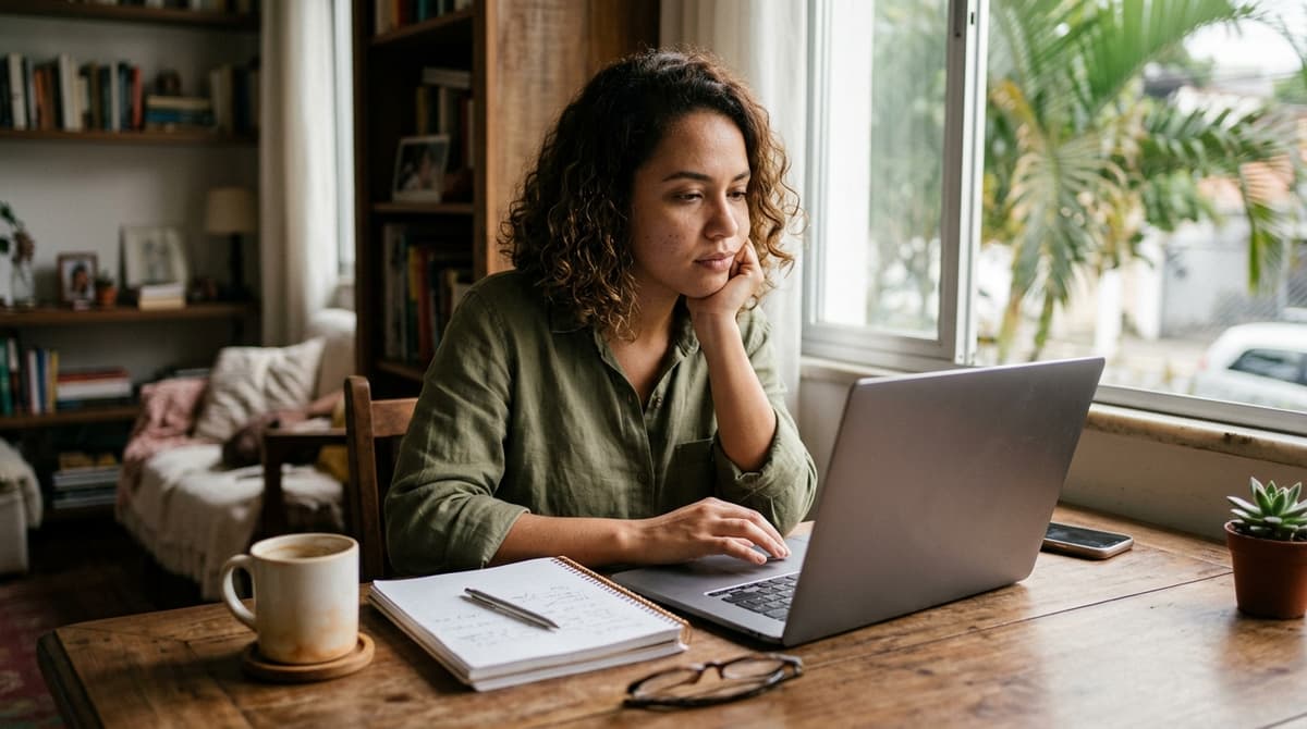 Pessoa pesquisando em um notebook, comparando opções e lendo avaliações antes de decidir uma compra