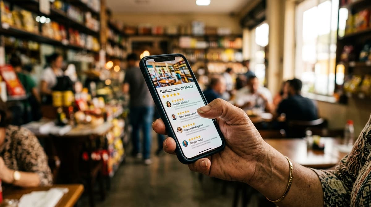Tela de celular mostrando um perfil de empresa no Google com avaliações positivas, segurada por uma pessoa