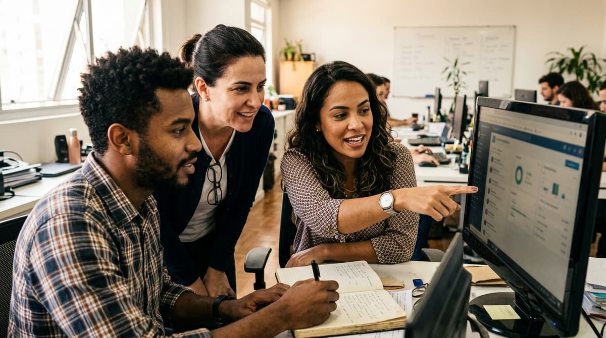 Equipe comercial brasileira recebendo leads do LinkedIn integrados ao CRM em uma tela de computador