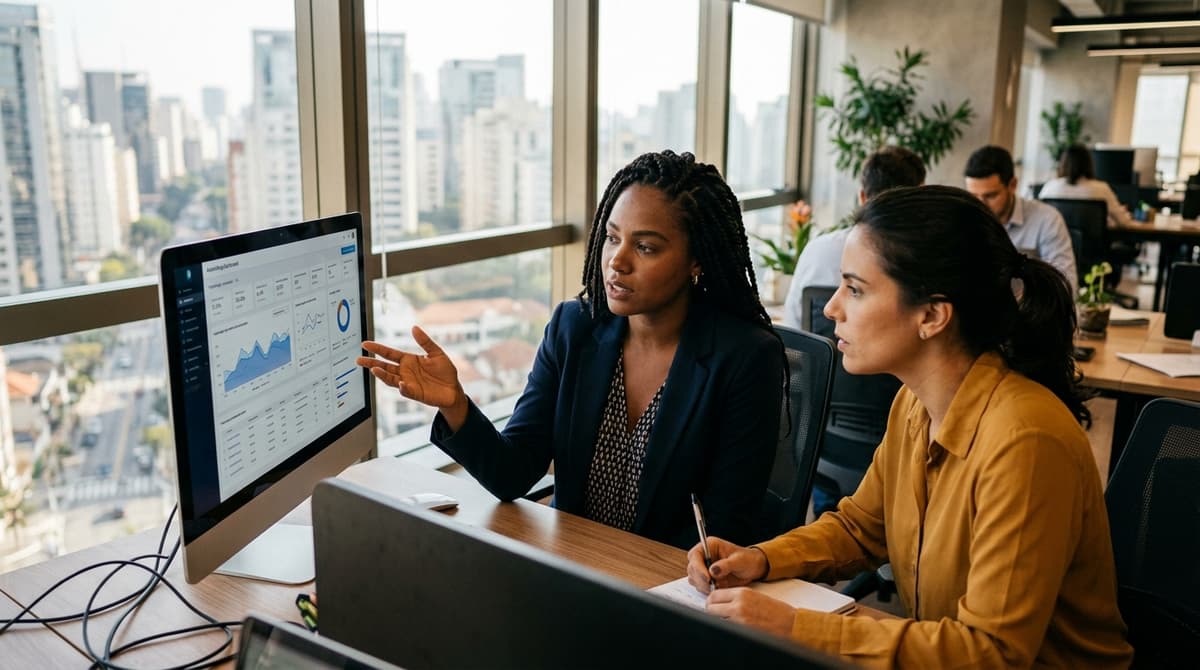 Equipe de marketing B2B analisando campanha de LinkedIn Ads em um escritorio brasileiro