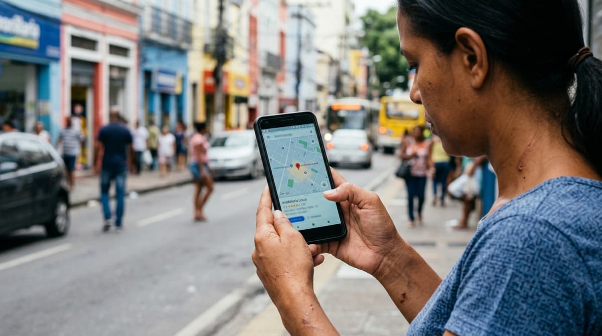 Tela de celular mostrando o resultado de uma imobiliária no Google Maps com avaliações