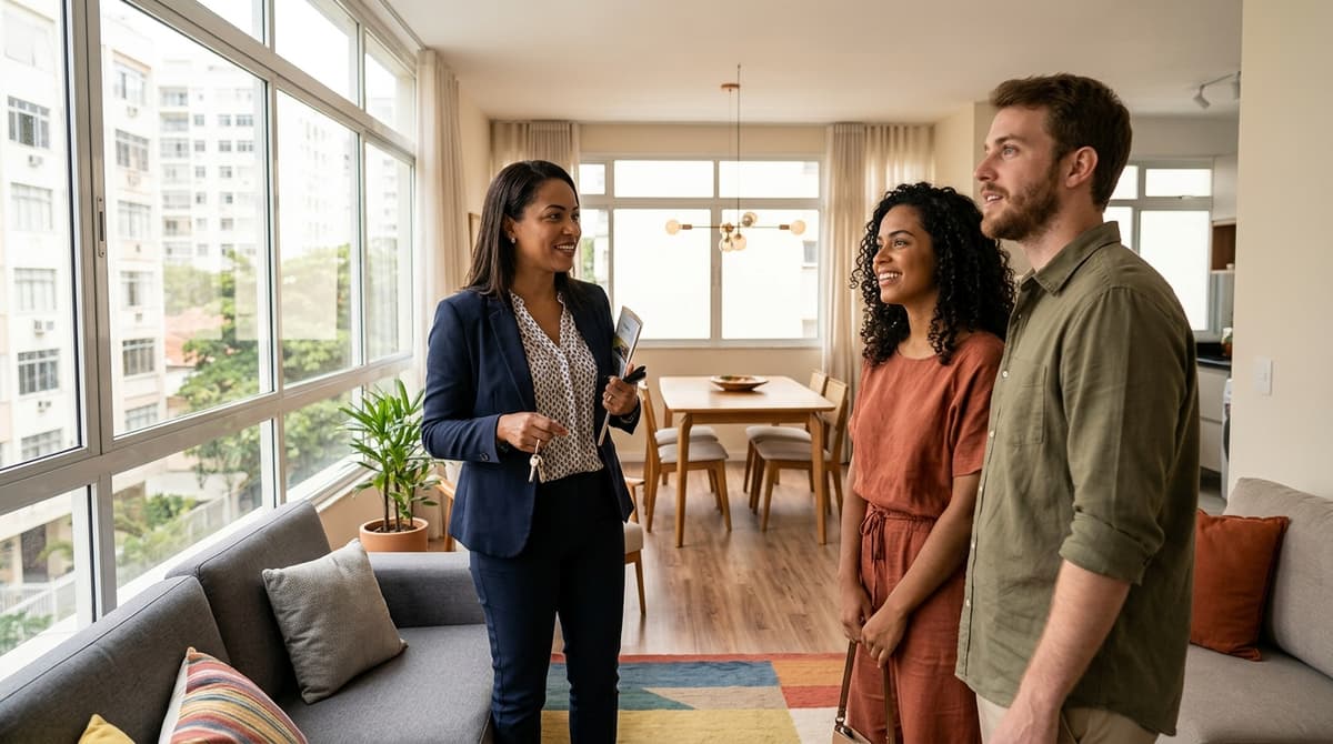 Corretor de imóveis brasileiro apresentando um apartamento decorado para um casal de compradores