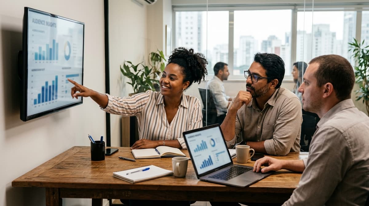 Equipe de marketing analisando a segmentação de público de uma campanha de Meta Ads em uma reunião