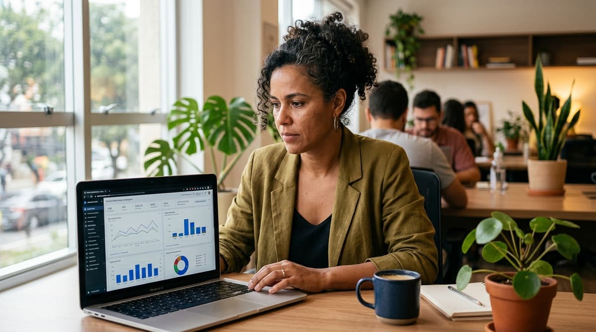 Empreendedora brasileira criando uma campanha no Gerenciador de Anúncios da Meta em um notebook no escritório