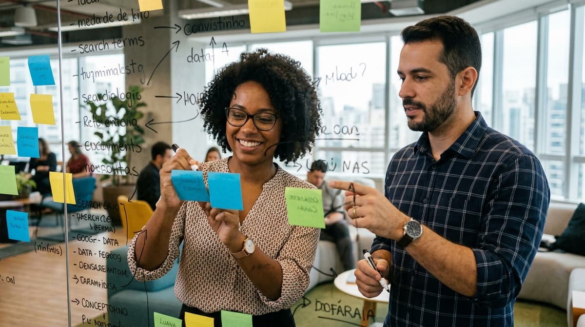 Dono de pequena empresa fazendo brainstorm de termos de busca em um quadro durante reunião de marketing