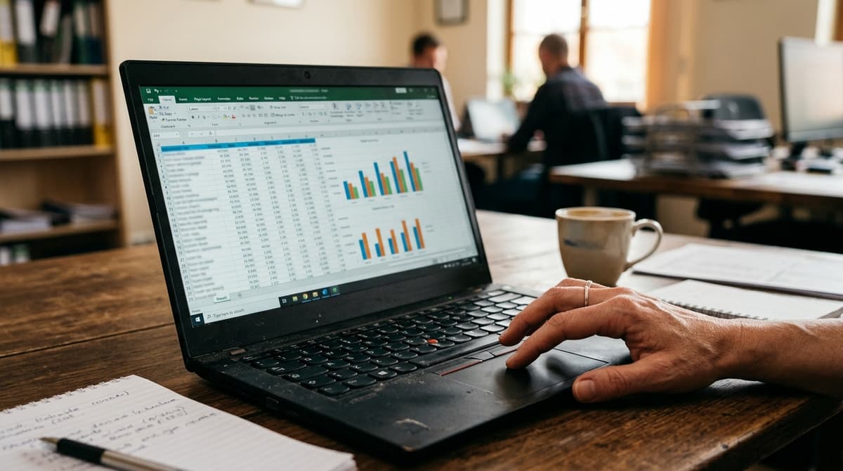 Tela de notebook mostrando uma planilha de pesquisa de palavras-chave com volumes de busca durante análise