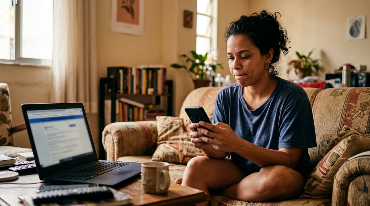 Cliente comparando opções de empresas no celular antes de decidir uma compra