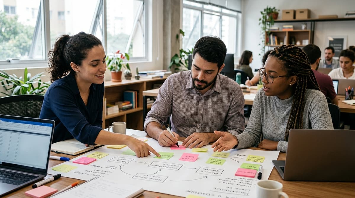 Equipe de pequena empresa mapeando concorrentes e diferenciais em mapa de posicionamento no escritório