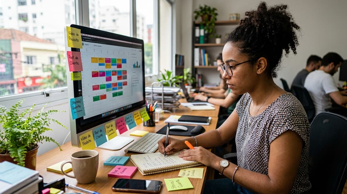 Profissional de marketing organizando calendário editorial de redes sociais em uma tela de computador