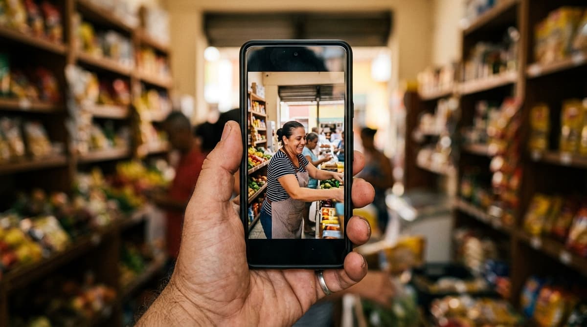 Tela de celular na vertical exibindo um vídeo curto de um pequeno negócio, com a mão segurando o aparelho