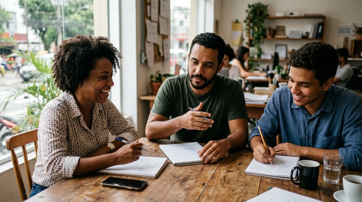 Equipe de uma pequena empresa brasileira planejando roteiros de vídeos curtos em uma mesa com celular e anotações